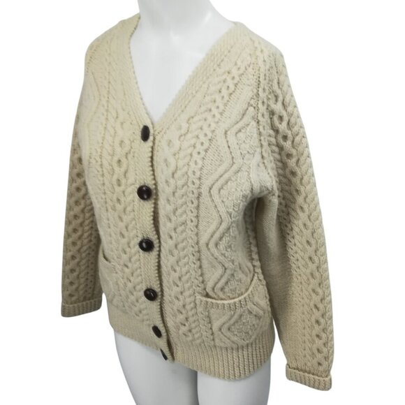 Vintage Wool Cable Knit Fisherman Cardigan Sweater Size M? Irish Handmade Beige - Picture 1 of 12
